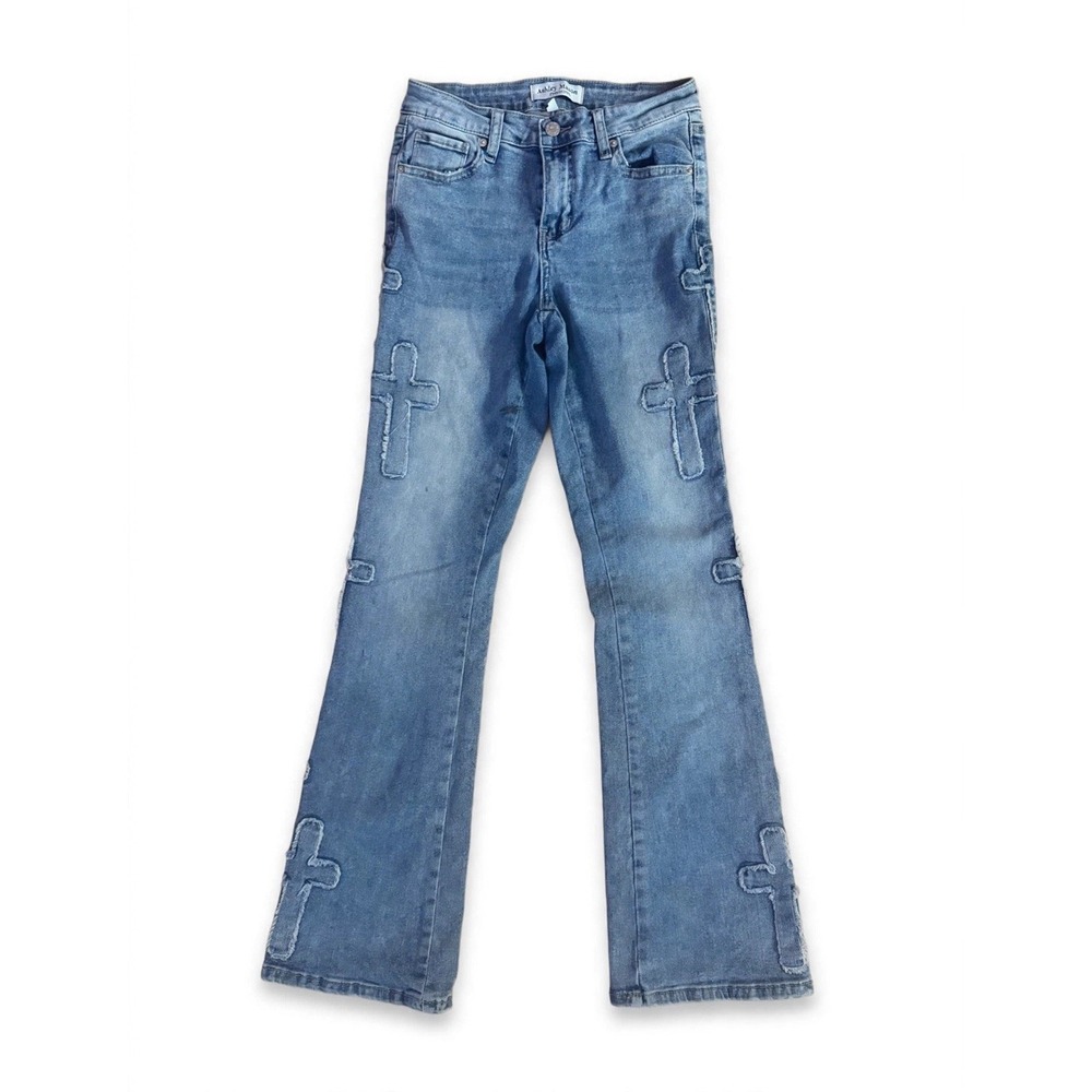 Ashley Mason Premium Jeans 1/25 W26 x L28 Cross Patch Flare Light Wash Y2K